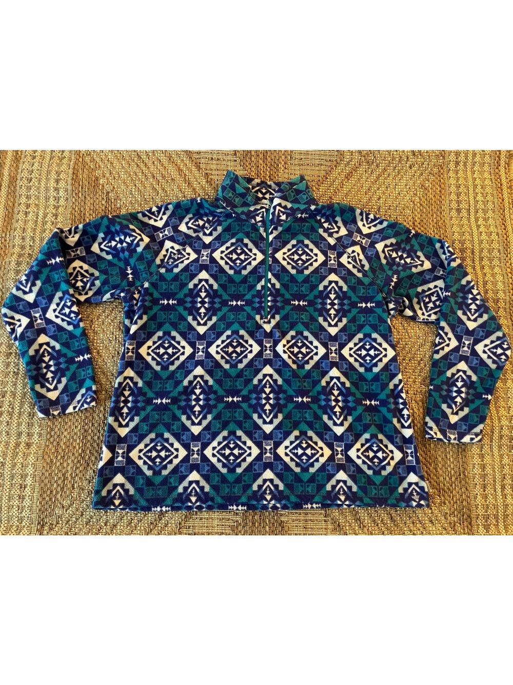 Eddie Bauer pullover blue green white Geo Print Mock Neck Flannel SZ 2XL